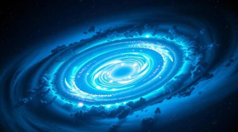 Kosmiczna nebula w barwach Europy, symbolizująca moc Jupitera i ambicje AI w Europie.