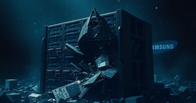 Rozbity serwer superkomputera Dojo Tesli w mrocznej przestrzeni, symbol upadku projektu AI. Logo Samsunga w tle.