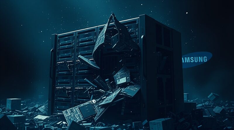 Rozbity serwer superkomputera Dojo Tesli w mrocznej przestrzeni, symbol upadku projektu AI. Logo Samsunga w tle.