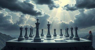 Szachownica z chipami AI na tle Polski targanej konfliktami, zagrożona regulacjami UE, ale oświetlona postępem.