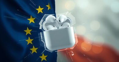 AirPods unoszące się na tle pękniętej flagi UE, oplecione kodem, symbolizują ograniczenia innowacji przez regulacje.