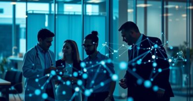 Futurystyczne biuro, sieć neuronowa łącząca profesje, symbolizująca współpracę i możliwości AI (GPT-5).