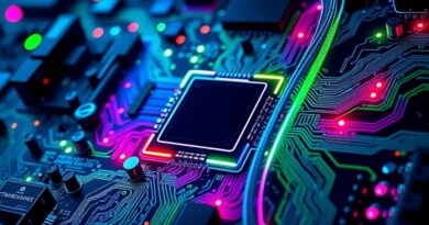 Abstrakcyjna, hiperrealistyczna płyta główna z obwodami, CUDA, ROCm, Triton i TensorRT, symbolizująca obliczenia AI.