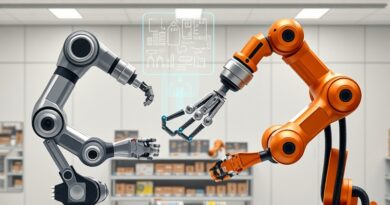 Futurystyczne laboratorium. Dwa robotyczne ramiona: precyzyjne i bio-inspirowane, współpracują wdrażając sztuczną inteligencję.