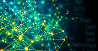 Abstrakcyjna sieć połączeń symbolizująca przepływ informacji i NLP; kolory: niebieski, zielony, żółty.