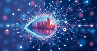 Abstrakcyjna grafika: świecąca sieć neuronowa w kształcie oka odbijająca panoramę miasta, symbol lokalnej mocy obliczeniowej Genspark AI Browser.