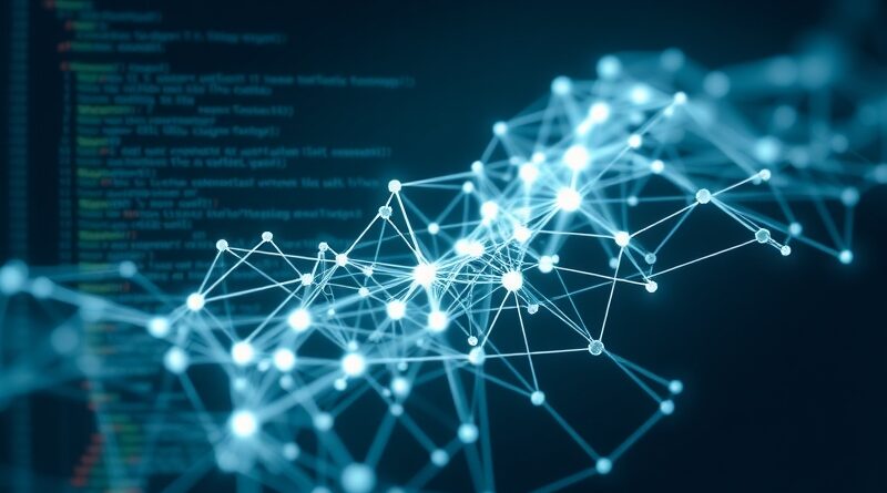 Abstrakcja sieci neuronowej w VS Code, wybierającej optymalną ścieżkę przez kod, z subtelnymi, niebiesko-zielonymi śladami światła.
