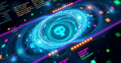 Abstrakcyjna nebula z kodu, geometrycznych kształtów i logo GitHub, symbolizuje zasoby AI scentralizowane przez platformę.