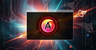 Futurystyczny terminal z kodem przechodzącym w mgławicę, AI Copilot CLI jako stylizowana muszla.