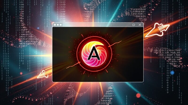 Futurystyczny terminal z kodem przechodzącym w mgławicę, AI Copilot CLI jako stylizowana muszla.