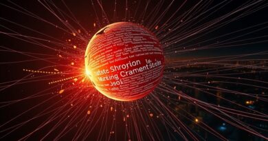 Roztrzaskana kula z kodem, światłowody, ciemna kula ziemska, strumienie danych w kierunku świateł miast, globalna awaria.