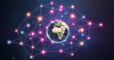 Abstrakcyjna sieć węzłów Gemini otacza Ziemię, symbolizując rozwój aplikacji AI.