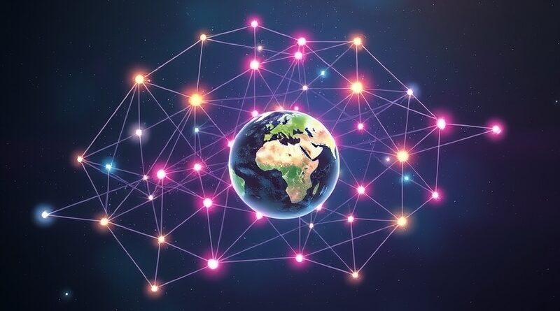 Abstrakcyjna sieć węzłów Gemini otacza Ziemię, symbolizując rozwój aplikacji AI.
