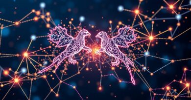 Abstrakcyjna sieć lśniących cząstek, konstelacja Gemini symbolizuje szybkość i efektywność AI Gemini 2.5 Flash.