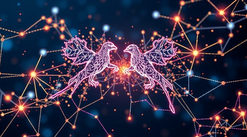 Abstrakcyjna sieć lśniących cząstek, konstelacja Gemini symbolizuje szybkość i efektywność AI Gemini 2.5 Flash.