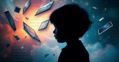 Sylwetka dziecka rozpływa się w cyfrowej nebulę binarnych kodów, edukacyjnych zabawek i pękających ekranów.