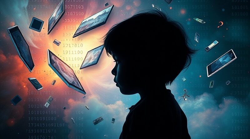 Sylwetka dziecka rozpływa się w cyfrowej nebulę binarnych kodów, edukacyjnych zabawek i pękających ekranów.