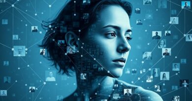 Eteryczny portret rozpadający się na mozaikę zdjęć, cyfrowa tożsamość, AI i fragmentacja wspomnień.