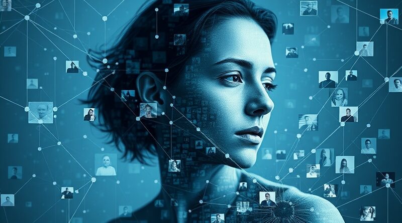 Eteryczny portret rozpadający się na mozaikę zdjęć, cyfrowa tożsamość, AI i fragmentacja wspomnień.