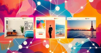 Abstrakcyjna wizja Mixboardu: moodboardy połączone liniami AI, symbolizujące inspiracje i możliwości.