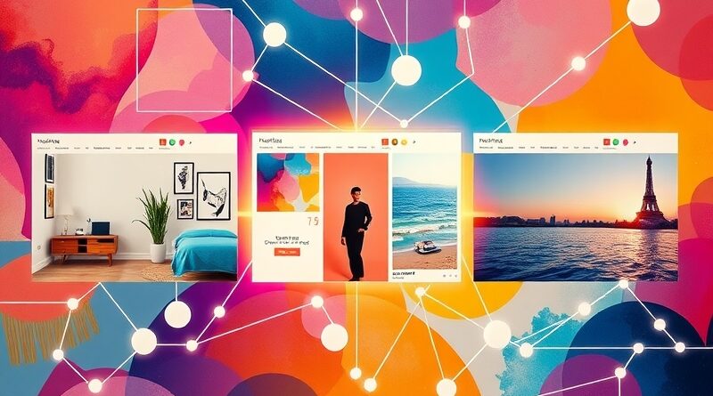 Abstrakcyjna wizja Mixboardu: moodboardy połączone liniami AI, symbolizujące inspiracje i możliwości.