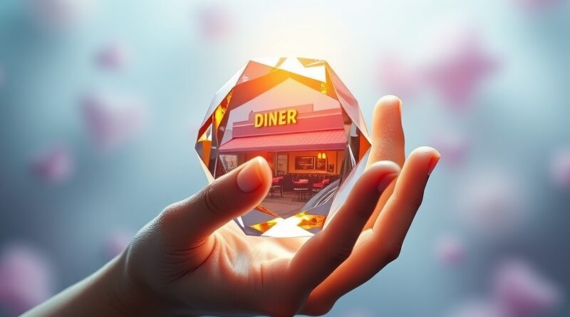 Dłoń manipuluje zdjęciem dineru w krysztale, zintegrowanym z AI Gemini do edycji głosowej w Google Photos.