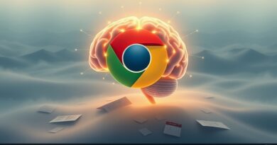 Eteryczny mózg z ikoną Chrome na biurku, symbol integracji Gemini AI z przeglądarką.