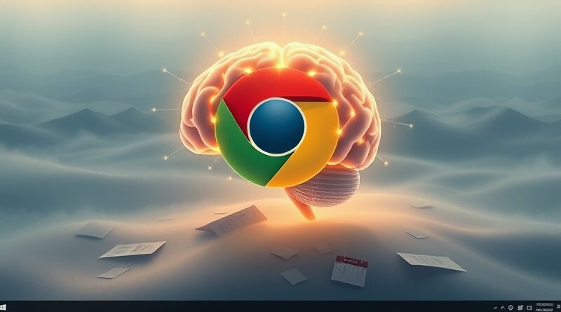 Eteryczny mózg z ikoną Chrome na biurku, symbol integracji Gemini AI z przeglądarką.