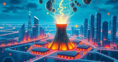 Futurystyczny cityscape z reaktorem jądrowym, danymi i sieciami AI, symbolizujący energię przyszłości dla sztucznej inteligencji.