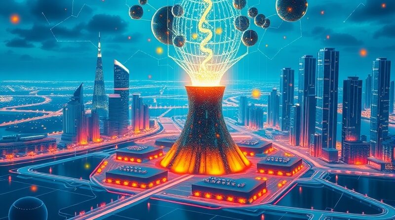 Futurystyczny cityscape z reaktorem jądrowym, danymi i sieciami AI, symbolizujący energię przyszłości dla sztucznej inteligencji.
