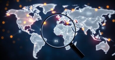 Świecąca sieć neuronów nad mapami Japonii, Korei, Brazylii, Indii i USA. AI Mode Google wchodzi w nowe języki.