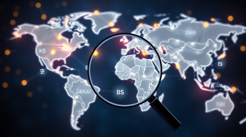 Świecąca sieć neuronów nad mapami Japonii, Korei, Brazylii, Indii i USA. AI Mode Google wchodzi w nowe języki.