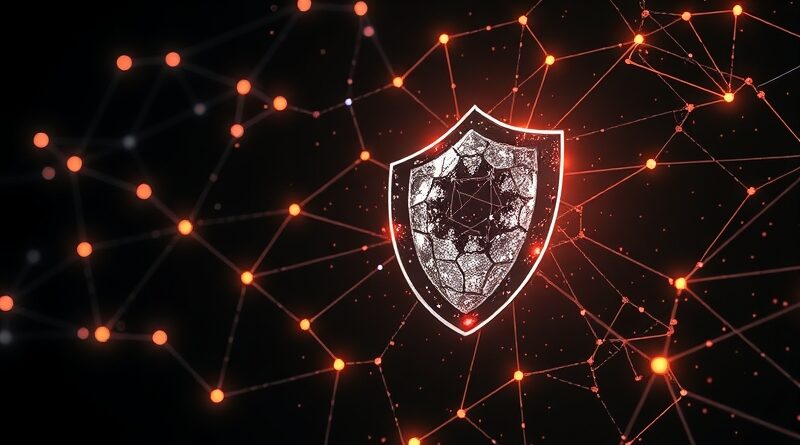 Abstrakcyjna grafika: sieć, wirus, pikselowa tarcza. Walka AI z ransomware w przestrzeni binarnych danych.
