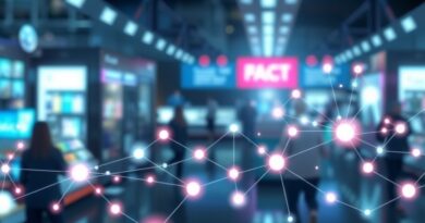 Abstrakcyjna wizja płynnej interakcji agentów AI w futurystycznym ekosystemie zakupowym.