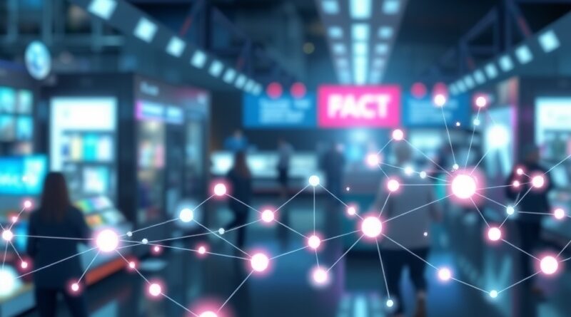 Abstrakcyjna wizja płynnej interakcji agentów AI w futurystycznym ekosystemie zakupowym.