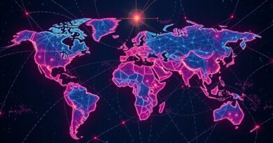 Abstrakcyjna mapa świata z sieciami neuronowymi, AI Gemini, symbolizuje globalny dostęp do AI.