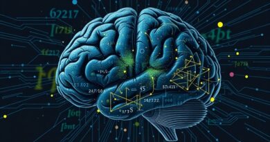 Cyfrowy mózg z uszkodzeniami, fragmentami równań; mroczna grafika koncepcyjna oddająca halucynacje AI.