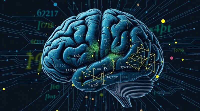 Cyfrowy mózg z uszkodzeniami, fragmentami równań; mroczna grafika koncepcyjna oddająca halucynacje AI.