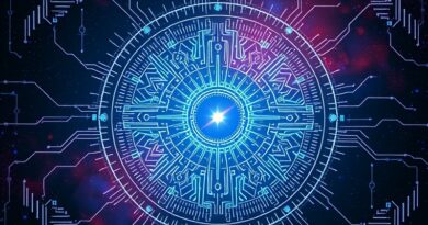 Eteryczna płyta główna jak witraż w nebulozie danych, symbolizująca model Holo1.5 72B.