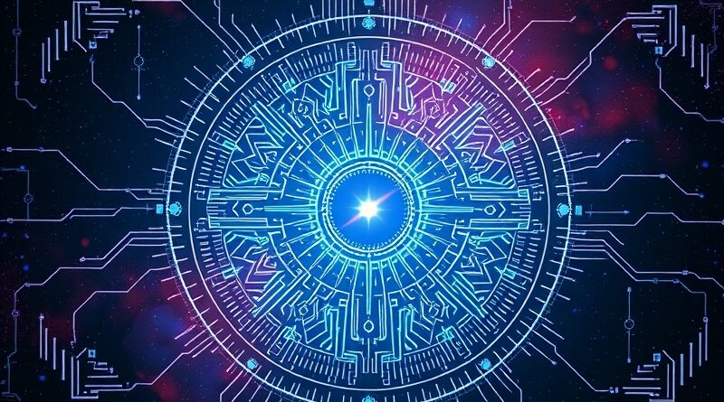 Eteryczna płyta główna jak witraż w nebulozie danych, symbolizująca model Holo1.5 72B.