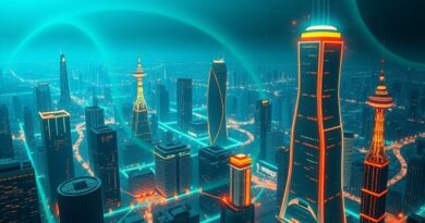 Abstrakcyjna, futurystyczna panorama miasta AI z dominującą strukturą Huawei SuperPoD. Niebiesko-zielona z pomarańczowymi akcentami.