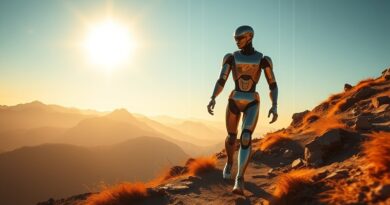 Humanoidalny robot przemierza górski szlak o zachodzie słońca, dzięki nowej architekturze AI.