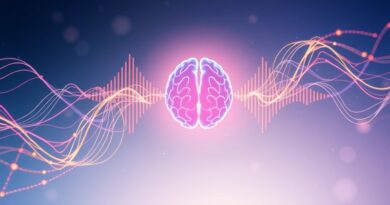 Eteryczne połączenie dźwięku i danych otacza stylizowany mózg, symbolizując innowacyjne, spersonalizowane newsy audio Huxe.