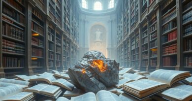 Eteryczna biblioteka, dokumenty przekształcane przez AI, ze schematami "DocTags" i metamorfozą w obwód cyfrowy.