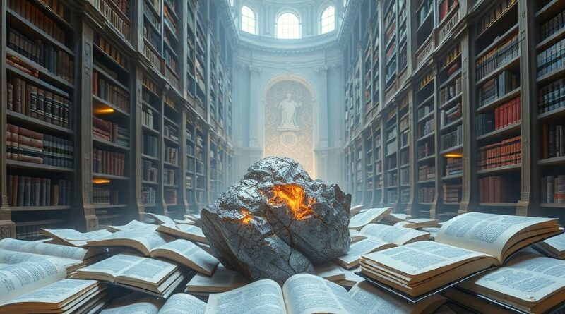 Eteryczna biblioteka, dokumenty przekształcane przez AI, ze schematami "DocTags" i metamorfozą w obwód cyfrowy.