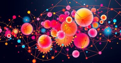 Abstrakcja AI: Połączone węzły, płynne linie, energia kolorów. Spójność wizualna dzięki Ideogram Styles.