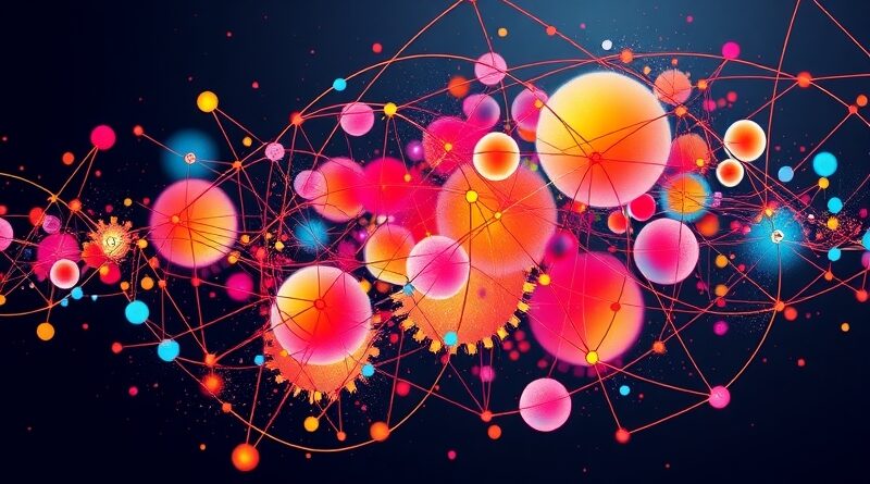 Abstrakcja AI: Połączone węzły, płynne linie, energia kolorów. Spójność wizualna dzięki Ideogram Styles.