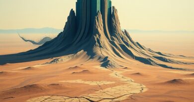 Wieżowiec-AI rzuca cień na spękaną ziemię. Kod i algorytmy symbolizują moc i kruchość AGI.