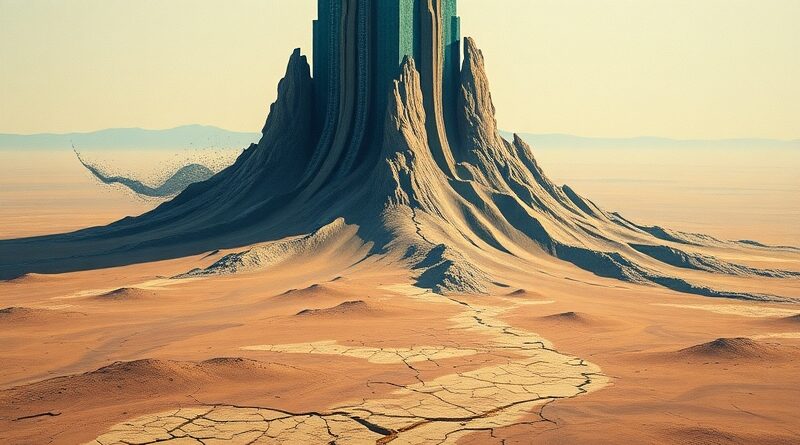 Wieżowiec-AI rzuca cień na spękaną ziemię. Kod i algorytmy symbolizują moc i kruchość AGI.