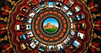 Kaleidoskopowa mandala ze smartfonów z AI grafikami, symbolizująca indyjską popularność Google Gemini.